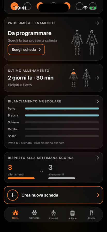 Schermata di Keel: la home con il prossimo allenamento e il bilanciamento muscolare